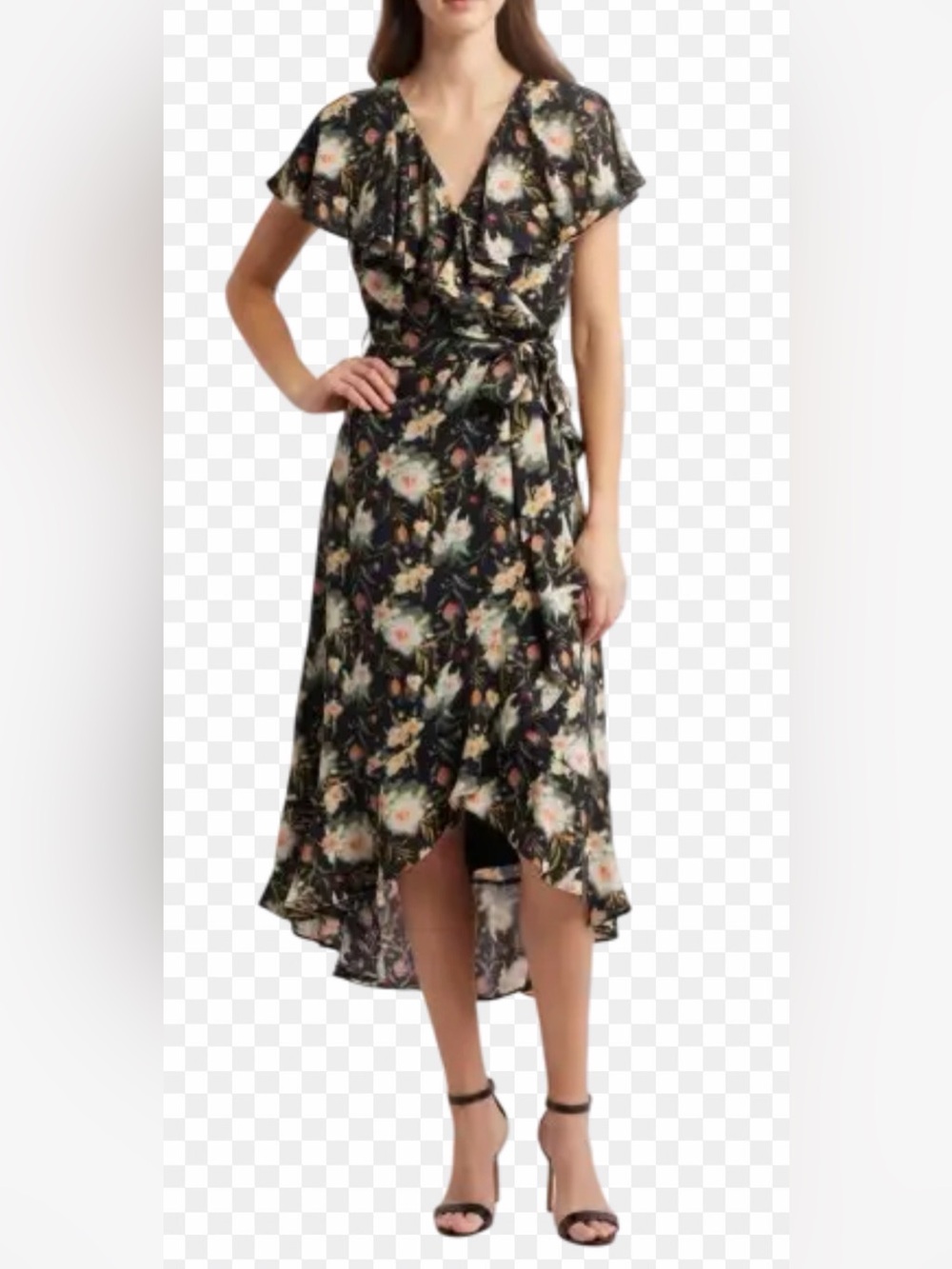 NWT Chelsea28 Floral Ruffle Wrap Midi Dress Black Multi XS